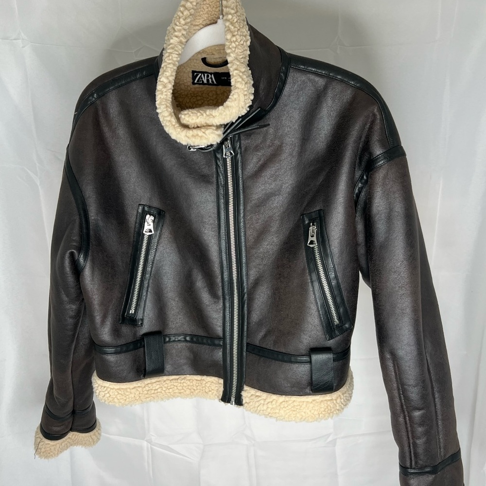 Zara Dark Brown Leather Jacket with Cream Shearling